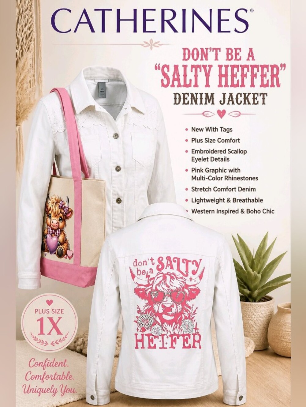 Catherines Pink Graphic Rhinestone Denim Jacket "Don't Be a Salty Heffer" 1X New